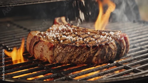 Grilled, seasoned steak on a barbeque grill, with flames and smoke. Close-up