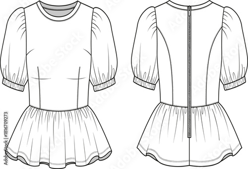 Women's peplum blouse technical flat sketch vector, front and back view, puff sleeves, fitted bodice, and back zipper, apparel design template for fashion mockup