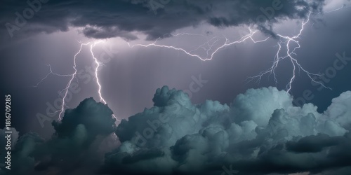 Dramatic sky with lightning strikes illuminating dark storm clouds in a powerful display of nature 100