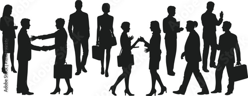 Business professionals silhouettes communicating, networking, collaborating, shaking hands, walking, teamwork concept, corporate communication illustration for modern workplace