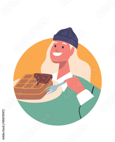 Young woman eating Belgian waffles