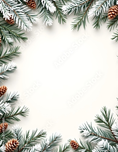 Wallpaper Mural A tranquil arrangement of festive green fir branches and tiny cones forms a rustic border complementing a soft cream background for traditional greetings Torontodigital.ca