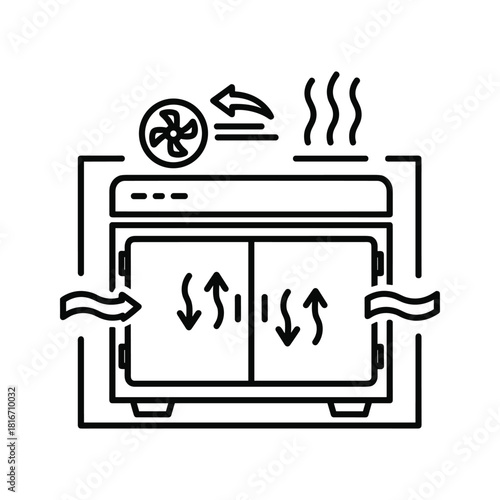 Line icon representing a convection oven with fan, airflow arrows, and heat steam for cooking or baking process
