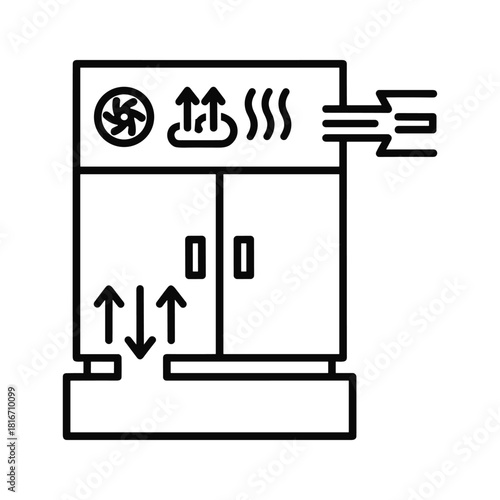 Line icon representing an air conditioning or ventilation unit with fan, airflow arrows, and heat waves, isolated on