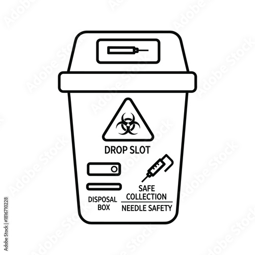 Black and white line art icon of a medical sharps disposal container for safe needle collection and biohazard waste