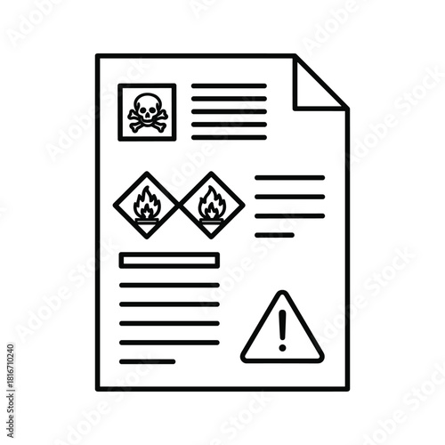Line icon of a document containing various hazard symbols like skull and crossbones, flame, and exclamation mark isolated on