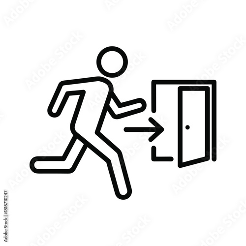 Black and white line icon representing a person running towards an open exit door with an arrow indicating direction, isolated on