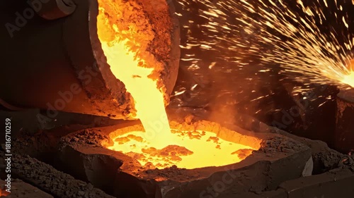 Molten metal pouring into a mold, glowing intensely. Heat and steam emanate from the process