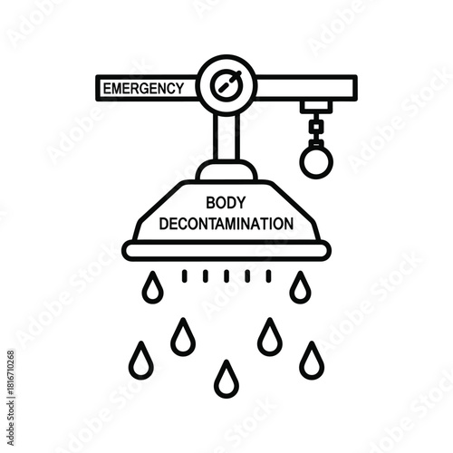 Line art icon of an emergency body decontamination shower with water droplets falling, isolated on