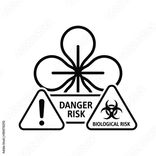 Black and white icon set representing danger risk, general warning, and biological hazard in a clean graphic style isolated on