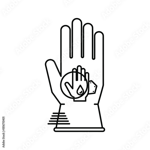 Line art icon representing hand protection, chemical resistance, and safety glove usage for hygiene and industrial work, isolated on