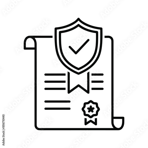 Outline icon of a certified document or diploma with a shield and checkmark, isolated on