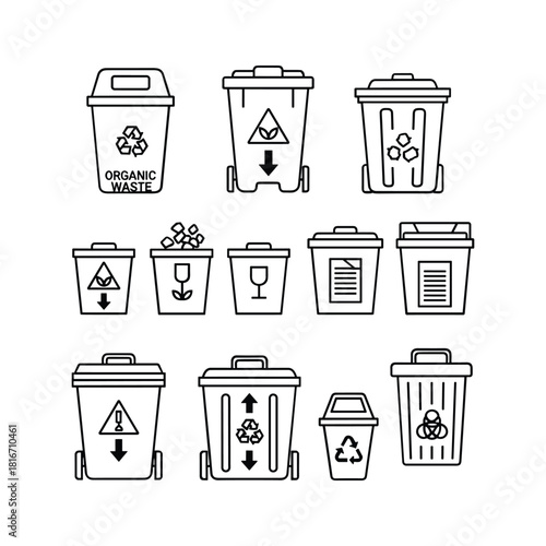 Collection of various recycling and waste bin icons for garbage sorting and environmental protection, isolated on