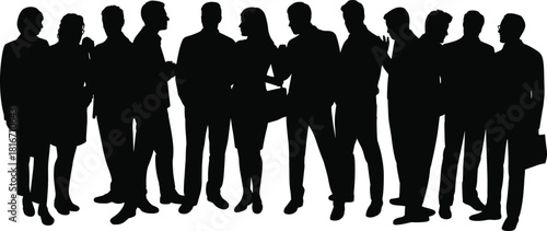 Silhouette group of business professionals standing together, discussing, networking and communicating for corporate, teamwork, leadership and office concepts