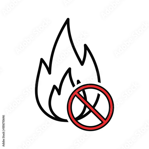 No open flame icon, prohibition sign over a simple line drawing of fire, isolated on