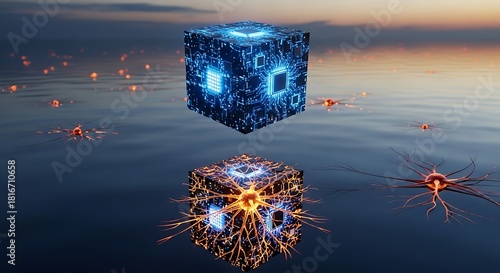 Futuristic glowing cubes float above a serene ocean landscape at sunset or sunrise