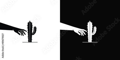 Symbolic black and white illustration of temptation and risk with a hand and cactus