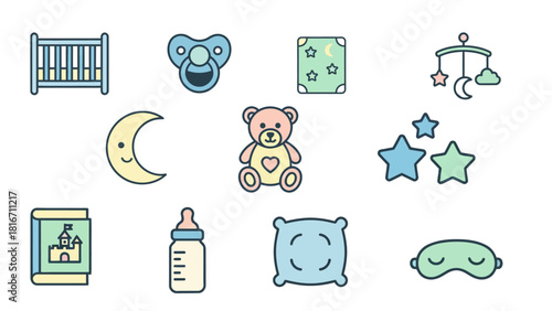 Vector collection of newborn, nursery, and sleep-related icon designs.