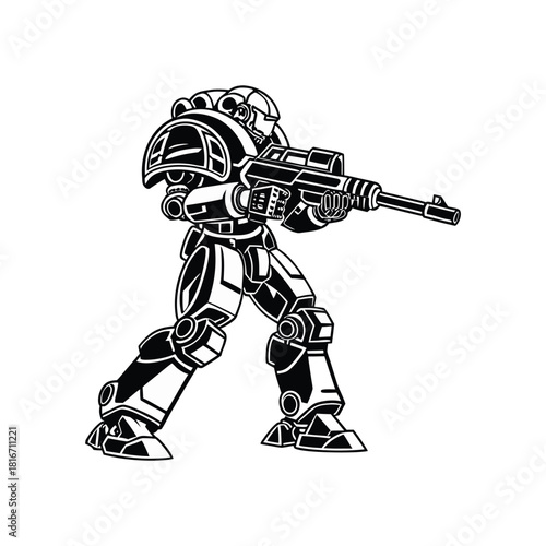 Sci fi soldier in power armor holding a rifle