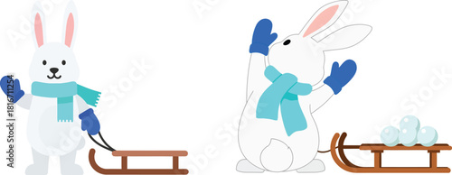 A cheerful white rabbit character enjoys winter fun, pulling a sled with snowballs