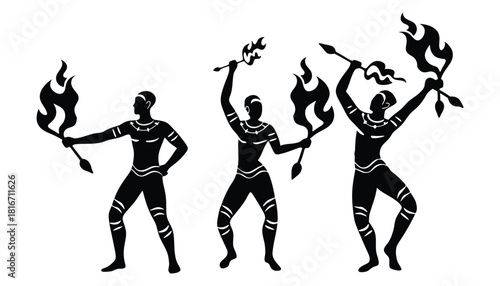 Tribal warriors silhouette with fire torches vector design