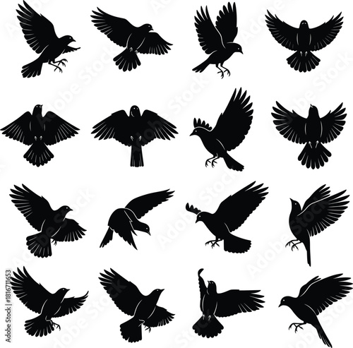 Set of Black Flying Bird Silhouette Icons in Various Poses Vector Illustration