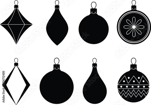 Set of Black Christmas Tree Ornament Silhouette Icons Vector Illustration
