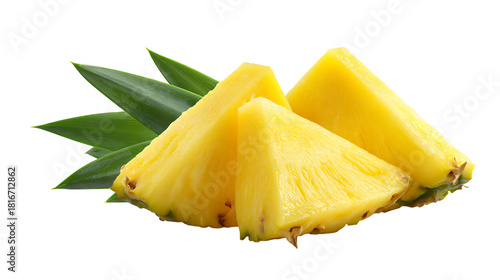 Fresh yellow pineapple wedges with green leaves, stacked and overlapping in a juicy close-up.