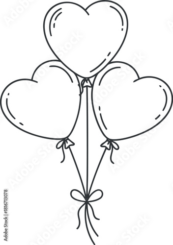 Hand drawn sketch of three heart shaped balloons tied together