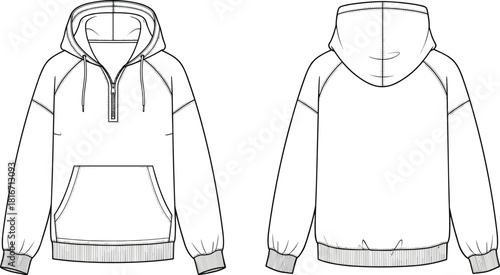 Half zip hoodie technical drawing, raglan sleeve sweatshirt fashion flat sketch, front and back view, cad vector illustration.