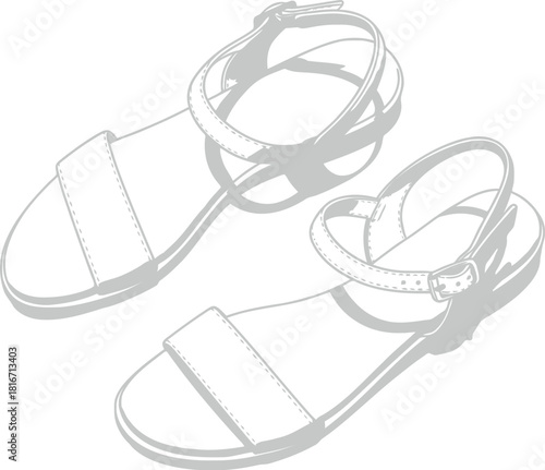 Hand drawn sketch of two stylish summer sandals on white background