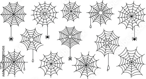 Halloween spider web vector set, spooky cobweb collection with hanging spiders, black line art design elements, isolated on white background.