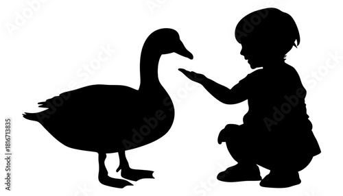 Silhouette of child feeding goose black and white illustration