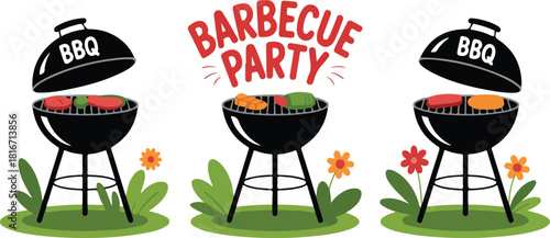 Barbecue Party Banner with BBQ Grills, Food, and Flowers on Grass - Vector Summer Cookout Illustration, Picnic Invitation Design, Outdoor Cooking Equipment