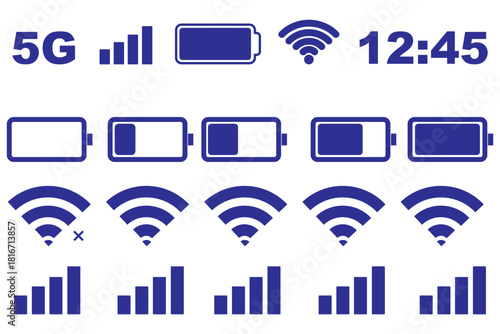 Smartphone status bar. Mobile phone 5g network and battery status icons. Transparent PNG and vector illustration.