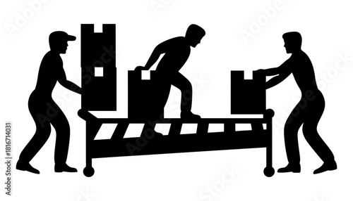 Moving company workers loading boxes on a cart silhouette art