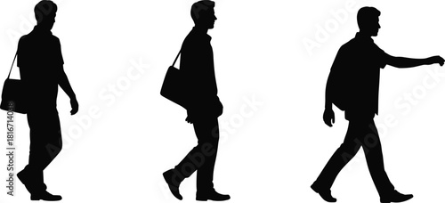 Silhouette set of men walking with shoulder bags in various poses for business, travel, lifestyle, commuting and urban concepts