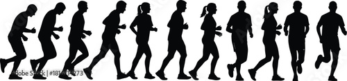 Group of running silhouettes, marathon runners line, jogging people set, vector illustration isolated on white, sport fitness background, active lifestyle concept