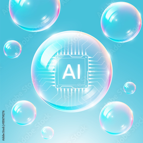 Artificial Intelligence Bubble Concept, AI processor chip in a bubble. Symbolizing the AI tech market bubble, speculation, and hype, vector illustration