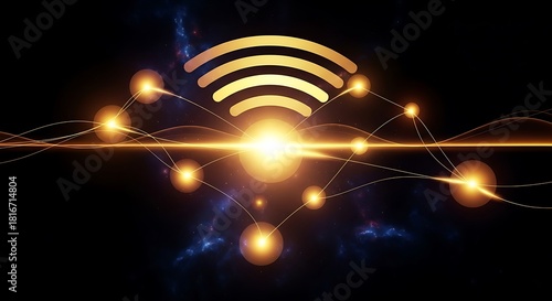 Glowing wifi symbol with connected nodes represents modern wireless communication network