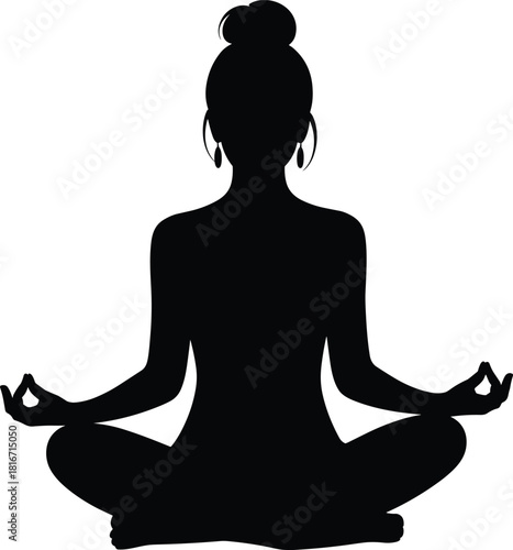Black silhouette of a serene woman meditating in a comfortable cross-legged pose with Gyan Mudra, signifying focus, balance, and mind-body wellness.