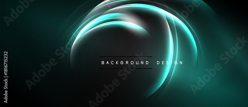 Abstract neon lines form circular shapes. Dark background enhances glowing turquoise elements. Modern design suggests technology, energy.