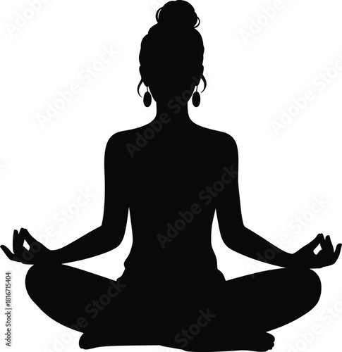 Black silhouette of woman with topknot and earrings meditating in Lotus Pose (Padmasana), symbolizing yoga, mindfulness, peace, and healthy lifestyle.