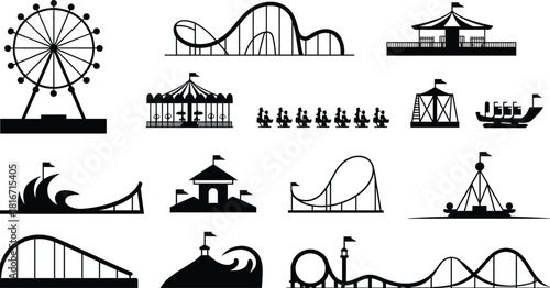 Amusement park ride silhouettes set, including Ferris wheel, roller coasters, carousels, and water rides, perfect for fun, recreation, and entertainment icons.