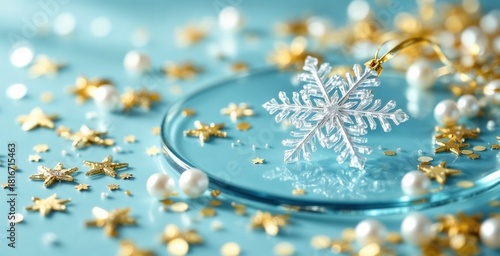A close-up of a crystal snowflake Christmas ornament on a blue background. Festive holiday decoration with gold stars and pearls. Winter celebration concept