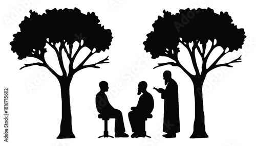 Silhouette tree meeting discussion black and white illustration