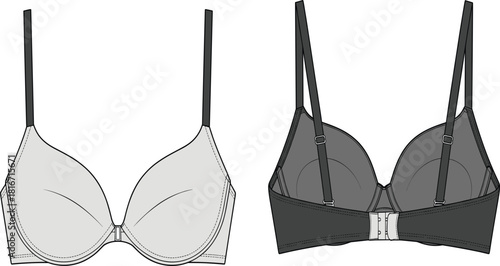 Plunge bra technical flat sketch vector, front and back view of molded cup lingerie, women's underwear apparel design template for intimate fashion