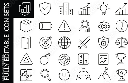 Fully editable business strategy and security line icon set featuring performance charts, warnings, achievements, teamwork, and outline elements.