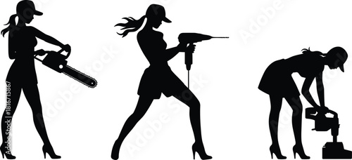 Silhouette set of women using power tools including chainsaw, drill and sander, representing construction, labor, strength and industry themes
