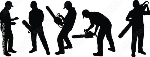 Silhouette set of workers holding and using chainsaws in various poses, perfect for construction, forestry, safety themes and industrial design projects